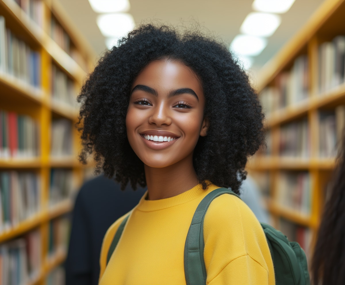 Cheerful Woman in Library